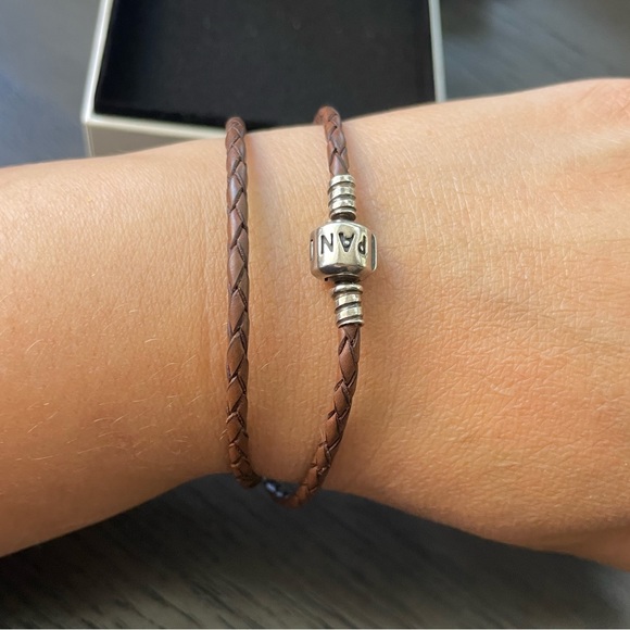 PANDORA Brown Braided Double Leather Charm Bracelet Necklace - Picture 7 of 15